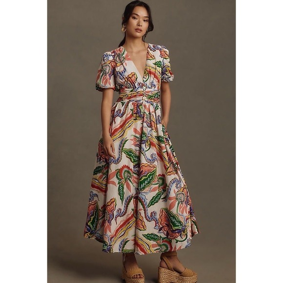 Anthropologie Dresses & Skirts - Anthropologie The Katerina Button Front Dress Floral Puff Cream Motif LP *Read
